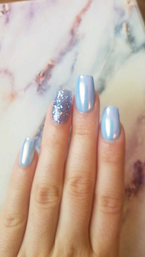 Light Blue New Years Nails, Iredesant Blue Nails, Blue Nails Shiny, Shimmer Blue Nails, Irredescent Nails Blue, Blue Unicorn Nails, Blue Pearlescent Nails, Unicorn Dust Nails, Blue Shimmer Nails