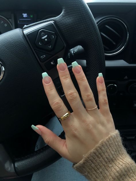 Light Green French Tip Nails Square, Fun Nail Ideas Acrylic, Acrylic Nails Tips Color, Green French Tip Nails Square, Mint Green French Tip Nails, Coffin Shaped French Tip Nails, Colored French Tip Nails Acrylics, Doodle Nail Art, Frenchie Nails