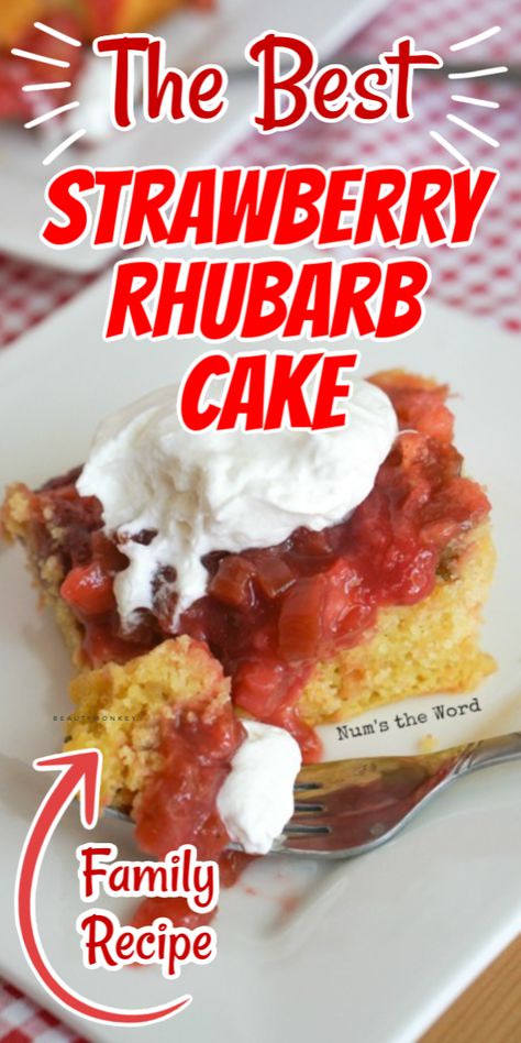 This Strawberry Rhubarb Cake is one of the most flavorful rhubarb desserts you’ll enjoy this summer!  It is easy to make and perfect for garden fresh rhubarb!  This is a simple upside down cake that will have you asking for seconds! #dessert #cake #upsidedowncake #rhubarbcake #lemonupsidedowncake #strawberrycake #strawberryrhubarb #dessert #snack #summer #freshrhubarb #frozen rhubarb #numstheword Strawberry Rhubarb Upside Down Box Cake, Rhubarb Upside Down Cake Easy, Rhubarb Upside Down Cake With Jello, Rhubarb Upside Down Cake Taste Of Home, Upside Down Rhubarb Cake Recipe, Upside Down Rhubarb Cake, Frozen Rhubarb Recipes, Strawberry Rhubarb Upside Down Cake, 9x13 Desserts