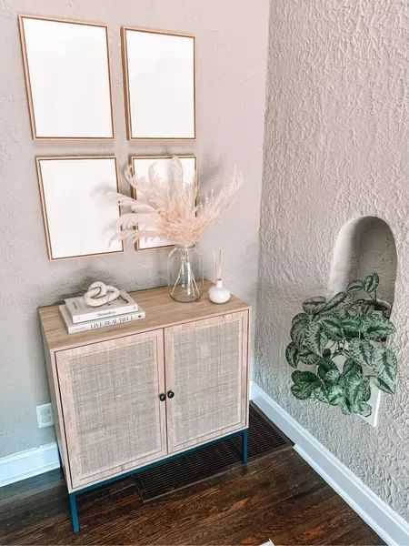 Rattan Accent Table, Accent Cabinet Decor Ideas, Small Sideboard Decor, Rattan Entryway Table, Small Cabinet Decor, Accent Cabinet Decor, Neutral Coffee Table, Rattan Sideboard, Live Beautiful