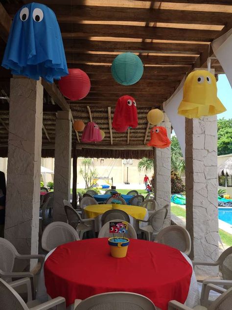 PacMan Party Birthday Party Ideas | Photo 14 of 17 | Catch My Party Pacman Birthday, Power Up Vbs, Manly Party Decorations, 80s Party Ideas, Birthday Party Surprise, Pac Man Party, Arcade Party, 80s Party Decorations, 80s Birthday Parties