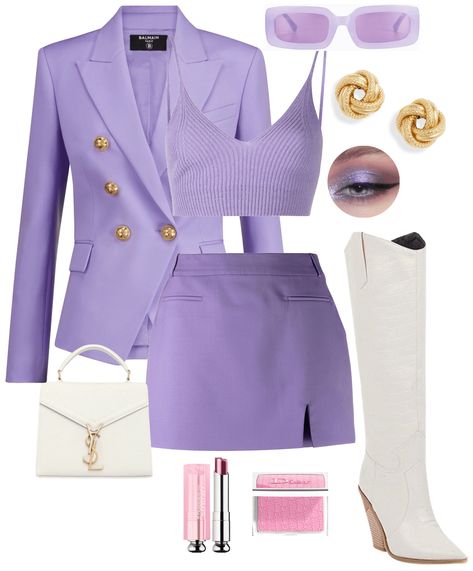 Pretty Purple Outfits, Purple Fancy Outfits, Purple Formal Outfit, Purple And Gold Outfit, Lilac Eye Makeup, Glam Bachelorette, Lilac Eye, Flamboyant Style, Army Outfit