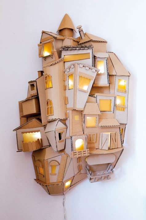 Cardboard City, Cardboard Sculpture, Cardboard House, Cardboard Art, Cardboard Paper, Cardboard Crafts, Paper Sculpture, A House, Diy Art