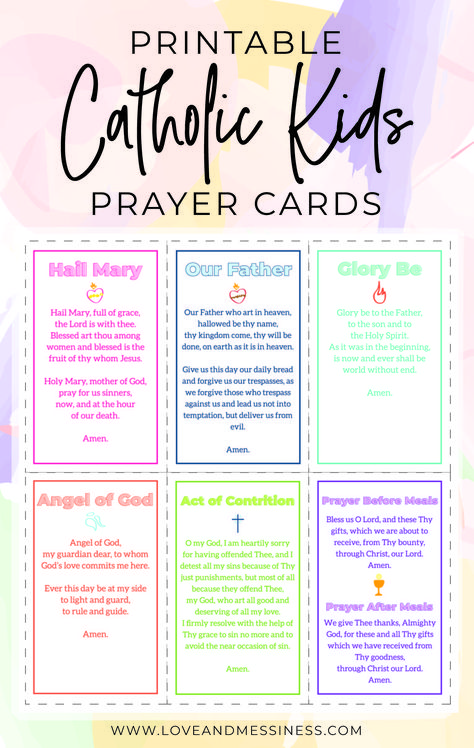 Bold, fun fonts make these printable prayer cards easy for kids to read and use! This is a set of 6 prayer cards for the basic prayers all kids should know! Easy to download, print and share! Rosary For Kids Printable, Easy Prayers For Kids, Catholic Worksheets For Kids, Free Catholic Printables, Our Father Prayer For Kids, Catholic Activities For Kids, Act Of Contrition Prayer Catholic, Catholic Prayers For Kids, Basic Prayers