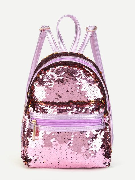 Shein Sequin Overlay Zipper Front Backpack Girly Backpacks, Pretty Backpacks, Glitter Backpack, Purse Trends, Cute Mini Backpacks, Sequin Backpack, Mini Mochila, Sequin Bag, Colorful Backpacks