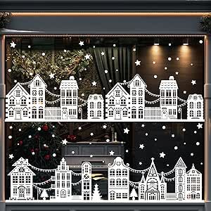 Vellibring 72" Christmas Window Clings，Winter Window Decals White Simple Style Reusable Non Adhesive Street Scene Border Stickers for Home Cafe Window Shopping Mall Glass Door Christmas Decor Storefront Holiday Windows, White Christmas Window Decor, Easy Christmas Window Display, White Marker Window Christmas, Glass Door Christmas Decor, Store Front Christmas Window Display, Christmas Village Window Display, Christmas Store Windows, Gingerbread House Windows