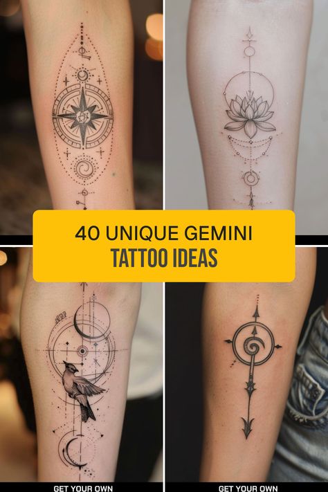 Explore 40 stunning Gemini star sign tattoo ideas that combine symbolism with artistic floral designs. Whether you prefer delicate symbols or bold, eye-catching artwork, there’s something for every Gemini lover here. Discover interesting styles that celebrate your zodiac sign with intricate details that showcase your personality. From charming glyphs to creative flower interpretations, each design reflects the playful and dual nature of Gemini Gemini Star Sign Tattoo, Unique Gemini Tattoo, Star Sign Tattoo Ideas, Star Sign Tattoo, Gemini Tattoo Ideas, Gemini Flower, Gemini Lover, Gemini Zodiac Tattoos, Gemini Star Sign