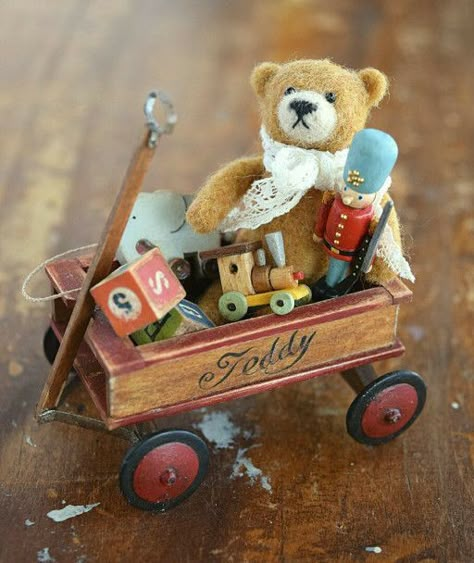 Christmas Toy Shop, Pull Wagon, Victorian Toys, Room Box Miniatures, Teddy Bear Pictures, Mini Toys, Diy Doll Miniatures, Dollhouse Toys, Raggedy Ann And Andy