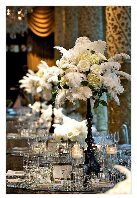 Gatsby Decorations, Roaring 20s Wedding, Gatsby Style Wedding, 20s Wedding, Gatsby Wedding Theme, The Biltmore Estate, Feather Centerpieces, Chic Vintage Brides, Gatsby Theme