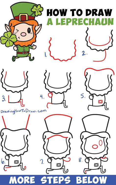 How to Draw a Cute Cartoon Leprechaun for Saint Patrick's Day Easy Step by Step Drawing Tutorial for Kids Draw A Leprechaun, Patrick Drawing, Saint Patricks Day Art, Fete Saint Patrick, Easy Step By Step Drawing, How To Draw Steps, Easy To Draw, Drawing Tutorials For Kids, Drawing Cartoon Characters