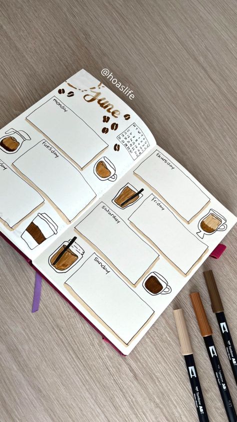 Brown Bujo Theme, Planner Journal Ideas Layout, Coffee Doodles Simple, Coffee Bujo Theme, Cozy Bullet Journal Theme, Coffee Bullet Journal Theme, Coffee Journal Ideas, Bujo Coffee Theme, Coffee Theme Bullet Journal