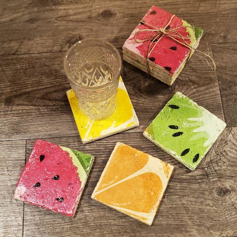 Decoupaged Stone Coasters, Bright Fruit Slice Stone Barware Coaster Set with Cork Back, Natural Stone Travertine Tile Coaster Gift Set 4-pk by BitsOfCreative on Etsy Coaster Gift Set, Clay Crafts Air Dry, Fruit Slice, Travertine Tile, Coaster Design, Tile Coasters, Cork Coasters, Stone Coasters, Party Napkins