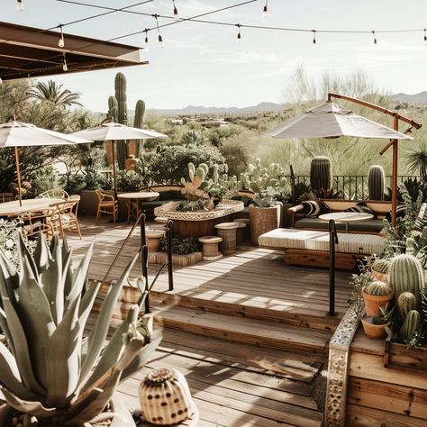 Desert Patio Oasis: This inviting patio sports a cozy desert vibe with cacti, warm lighting, and comfortable seating. #patio #desert #cacti #succulents #seating #lights #relaxation #wooden decking #aiart #aiphoto #stockcake https://ayr.app/l/N97L Desert Oasis Decor, Desert Outdoor Living, Desert Oasis Aesthetic Home, Desert Oasis Home, Oasis Aesthetic Desert, Bloxburg Resort, Desert Patio, Cold Desert Landscape, Oasis Aesthetic