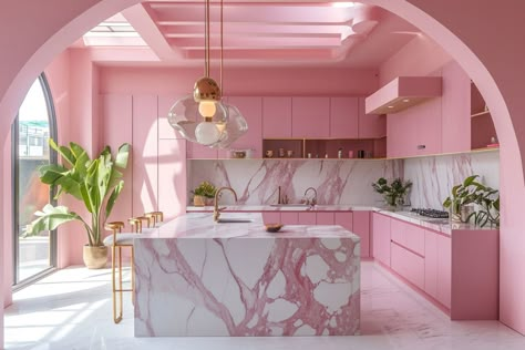 Pink and gold marble kitchen interior design Marble Kitchen Interior, Vintage Kitchen Design, Pink House Interior, Pink Kitchen Designs, Pink Kitchen Ideas, Retro Pink Kitchens, Bohemian Style Interior Design, Rose Gold Kitchen, Dream Kitchens Design