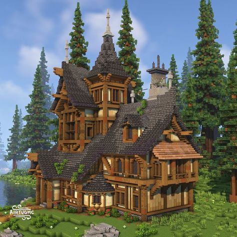 Airtug on Instagram: “Just a big ol medieval home I made #minecraft #minecrafts #minecraftbuilds #minecraftbuild #minecraftmeme #minecraftmemes #minecraftonly…” Mountain Top Castle Minecraft, Minecraft House Builds Ideas, Minecraft Houses With Tutorial, Massive Minecraft Houses, Minecraft Round Buildings, Cottagecore Minecraft Storage Building, Minecraft Base House, Dallasmed65 Minecraft House, Minecraft Orphanage