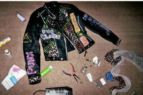 DIY New 80s Punk Jacket · How To Decorate A Leather Jacket · Embellishing on Cut Out + Keep Punk Jacket Diy, Diy Clothes Rack Pvc, Diy Clothes Easy, Punk Leather Jacket, Jacket Diy, Punk Jacket, Diy Summer Clothes, Teen Stuff, 80s Punk