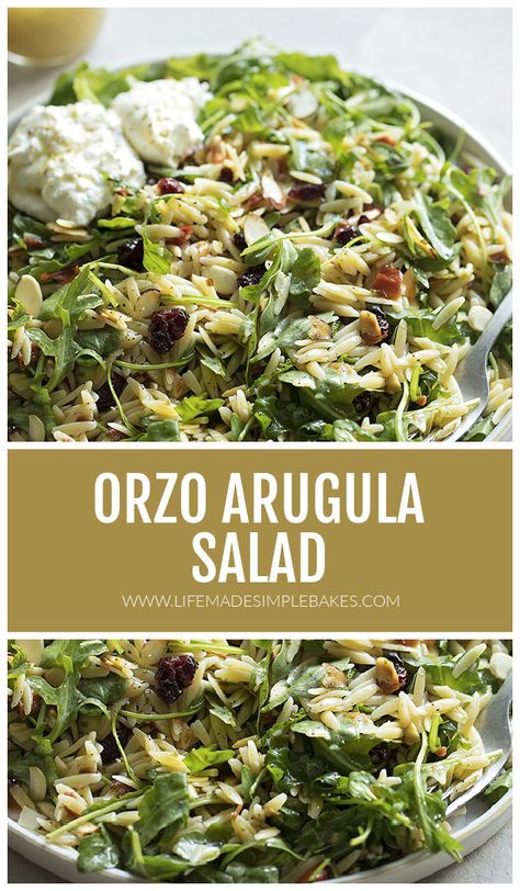 This zesty, peppery orzo arugula salad is topped with sweet and tangy cranberries, sun-dried red peppers and a homemade lemon basil vinaigrette. #orzoarugulasalad #arugula #orzo #salad #saladrecipes #healthy Lemon Orzo Arugula Salad, Greek Arugula Salad, Arugula Orzo Salad Recipes, Orzo Burrata Salad, Arugala Recipes Pasta, Orzo And Arugula Salad, Orzo Arugula Salad, Arugula Pasta Salad, Fall Arugula Salad Recipes