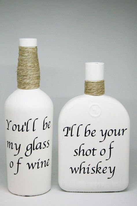 Glass Jugs Crafts, Glass Wedding Centerpieces, Empty Liquor Bottles, Alcohol Bottle Crafts, Shot Of Whiskey, Wine Crafts, Wine Bottle Wind Chimes, Wine Bottle Centerpieces, Craft Work For Kids