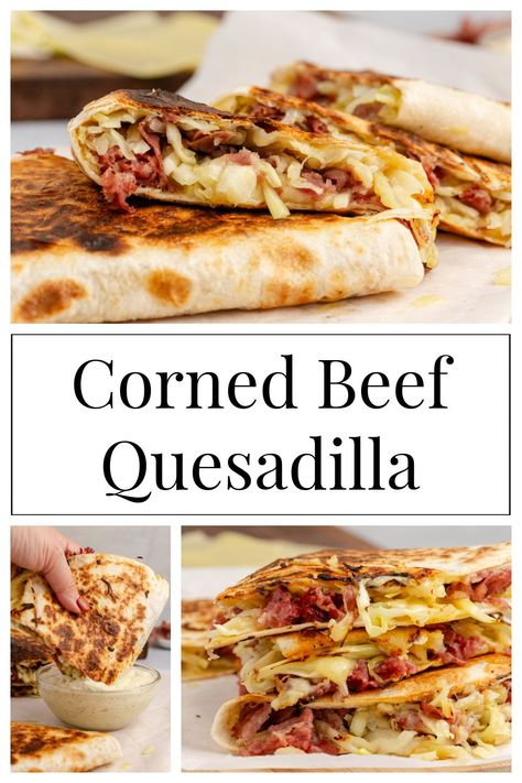 Corned beef quesadilla are a delicious and fun twist on the classic Irish dish. With warm tender corned beef, sautéed chopped cabbage, and melted Swiss cheese all stuffed into a crispy tortilla, every bite is bursting with flavor and texture. | corned beef and cabbage quesadilla | corned beef recipes easy | corned beef recipe ideas | corned beef lunch ideas | corned beef dinner recipes | quesadilla recipes easy | quesadilla flavors | unique quesadilla recipes | unique quesadilla ideas Corn Beef Dinner Ideas, Recipes With Corn Beef, Dinner Recipes Quesadilla, Beef Lunch Ideas, Corn Beef Recipes, Leftover Corned Beef Recipes, Quesadilla Ideas, Reuben Recipes, Tender Corned Beef