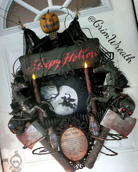 The Grim Wreather on Instagram: "🪓 The Legend of Sleepy Hollow is my absolute favorite story of all time, so you already know I had to create a wreath inspired by the Tim Burton film! Would you lose your head to own this? 🪓 🩸 SOLD 🩸 Stay tuned for my much anticipated Jeepers Creepers inspired wreath coming tomorrow! #sleepyhollow #sleepyhollowny #timburton #johnnydepp #headlesshorseman #headless #wreathsofinstagram #wreathmaker #wreathmaking #wreath #horror #horrorwreath #horrormovies #horr Sleepy Hallow, The Legend Of Sleepy Hollow, Legend Of Sleepy Hollow, Tim Burton Films, Jeepers Creepers, Wreath Maker, Sleepy Hollow, Gothic Decor, Halloween Movies