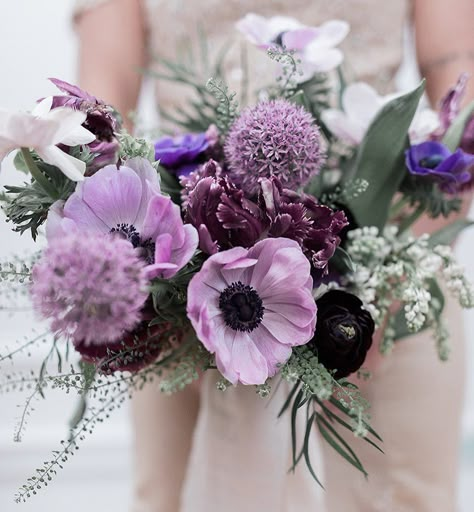 {purples} photo | @klenoxphotography . . . #bride #bouquet #forher #accessory #justmarried #bridebling #flowers #anemones #allium #lilac #love #ranunculus #parrottulips #pennycress #prettyflowers #lotusfloraldesigns #weddingflowers #weddingflorist | Lotus Floral Designs | 603-491-4063 | Gorgeous Wedding & Event Flowers for New Hampshire, Vermont, New England, Lakes Region Sage And Lilac Wedding, Blue Wedding Arrangements, Aesthetic Rose Wallpaper, Bookstore Wedding, Taylor Swift Wedding, Purple Ranunculus, Aesthetic Flower Wallpaper, Lilac Wedding Flowers, March Flowers