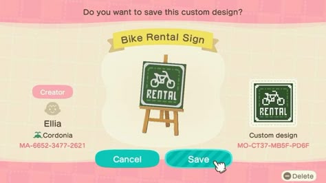 Farmcore Acnh, Bike Rental Shop, Japanese Town, Crossing Sign, Acnh Custom Designs, Acnh Design Codes, Animal Crossing Qr Codes Clothes, Animal Crossing Wild World, Qr Codes Animal Crossing