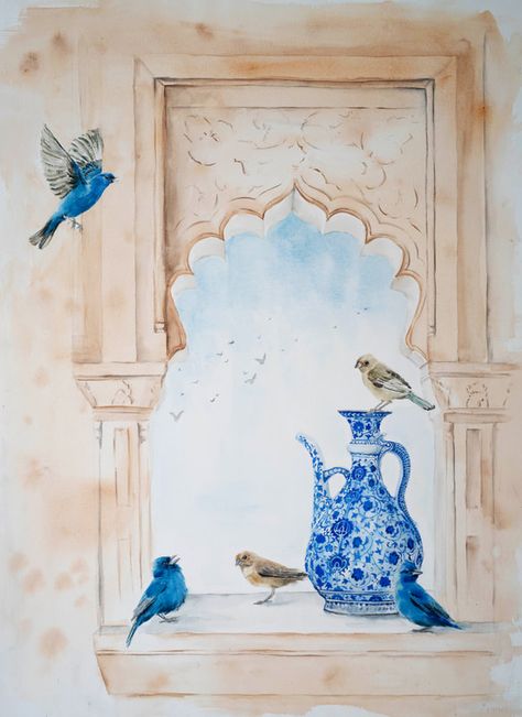 Persian Window, Window Still Life, Watercolour Still Life, Mughal Art Paintings, Home Artwork, Persian Art Painting, Mughal Paintings, Beautiful Art Paintings, Art Painting Gallery