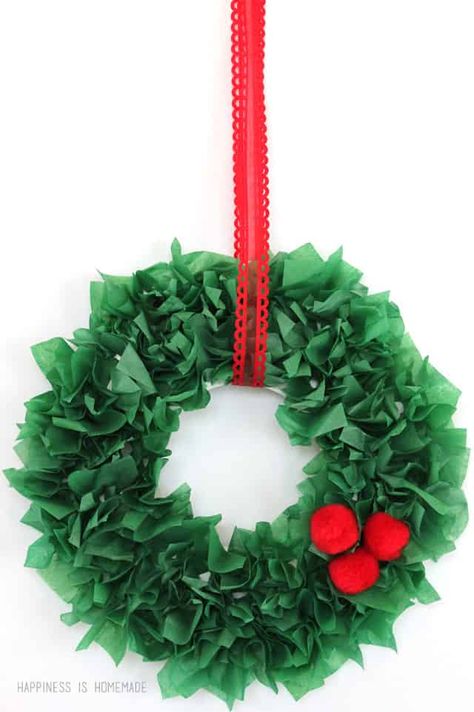 Kids Christmas Craft - Tissue Paper Wreath Preschool Wreath Craft, Kid Wreath Craft, Tissue Paper Wreath, Christmas Wreath Activity For Kids, Tissue Paper Christmas Crafts, Christmas Wreath Crafts For Kids, Holly Wreath Craft For Kids, Paper Plate Christmas Wreath, Christmas Wreath Art Projects For Kids