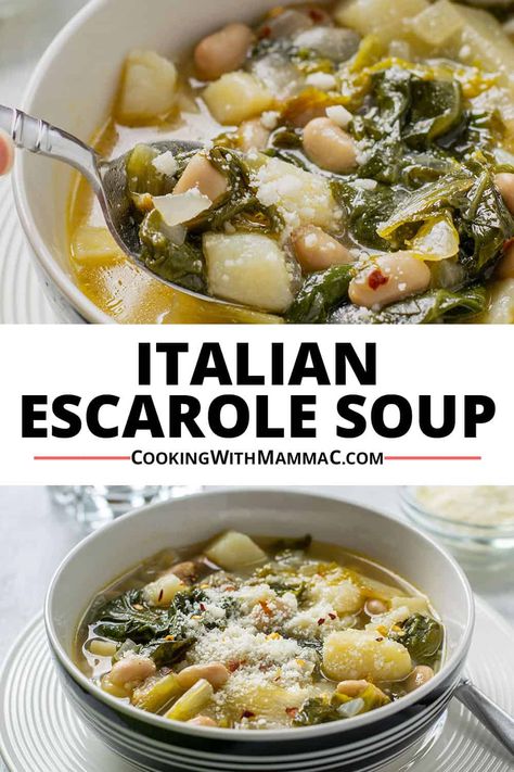 You can make Escarole Soup with Beans and potatoes in 40 minutes! You'll love its tremendous flavor from onions, garlic and Romano cheese. Once people try it, they make it again and again! Escarole With Italian Sausage And White Beans, Beans And Escarole, Escarole Soup Italian, Escarole And Beans Soup, Escarole Recipes Soups, How To Cook Escarole, Italian Escarole And Bean Soup, Escarole And White Bean Soup, Garlic And Onion Soup