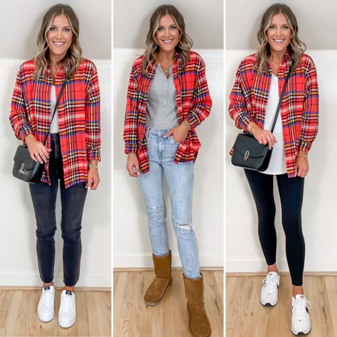 Open Flannel Shirt Outfit, Women’s Plaid Shirt Outfit, Blue And Red Flannel Outfit, Styling Flannel Shirts Women, Women’s Flannel Shirt Outfit, Oversize Flannel Outfit, Christmas Flannel Outfit, Flannel Outfits For Women 2024, Womens Oversized Flannel Shirt