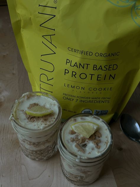 INGREDIENTS    1 serving of  Truvani  lemon cookie protein powder (code: COOKINGWITHCAR for 20% off)    1 cup of cottage cheese     juice & zest from two lemons    1/4 cup of maple syrup or honey     1/2 cup of crushed graham crackers     1/4 cup of melted white chocolate     1 tbsp of cocon Lemon Protein Powder Recipe, Truvani Protein Powder Recipes, Lemon Protein, Melted White Chocolate, Lemon Cookie, Protein Cheesecake, Blackened Shrimp, Cheesecake In A Jar, Protein Powder Recipes