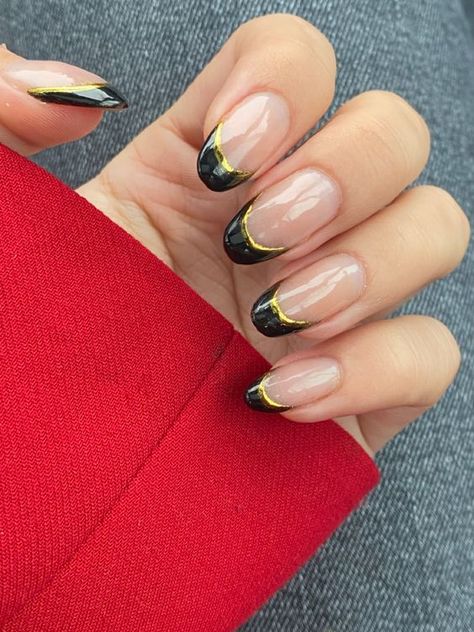 French New Year Nails 2024: 19 Chic Ideas to Welcome the Year - thepinkgoose.com Gold Nails French, Black And Gold Nail Designs, Gold Tip Nails, Black And Gold Nails, Gold Gel Nails, Black French Nails, Black Almond Nails, Black Gold Nails, New Year Nails