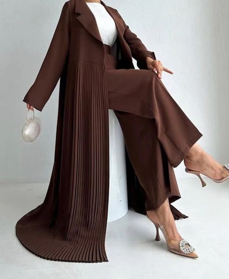 Brown Long coat Abaya with matching pants & Shyla #abaya #fashion #modestfashion #modestclothing #abayadubai #abayastyle #ootd #abayaoutfit #hijabers #smbymanal #fyp Abaya Pants, Abaya Illustration, Blazer Abaya, Coat Abaya, Abaya Coat, Abaya Business, Abaya Inspiration, Modest Attire, Abaya Collection