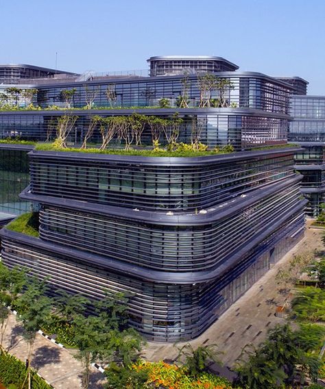 Aedas references traditional indonesian village life for unilever headquarters in jakarta Headquarters Architecture, Office Facade, Sky Bridge, Office Building Architecture, Live Tree, Green Office, Urban Development, Industrial Park, Office Buildings