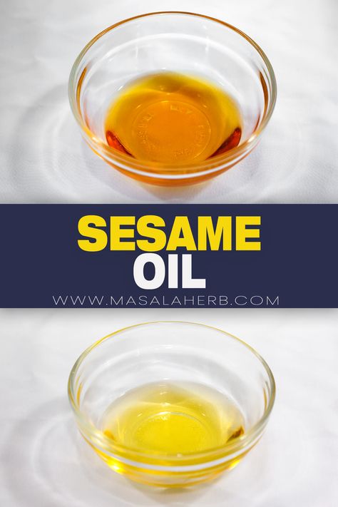 Sesame Oil - Here you will learn about the different types, how to use it, smoking point, substitutions and the best way to store it. www.MasalaHerb.com How To Use Sesame Oil, Cooking With Sesame Oil, Fish Allergy, Oil Substitute, Sesame Seed Oil, Black Sesame Seeds, Sesame Seed, Eastern Cuisine, Peanut Oil