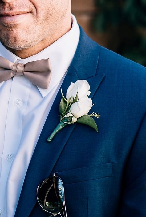 An elegant white double-rose boutonniere with fresh greenery accents for Mike at his later summer Audubon wedding - by Buttercup: AGP Collective. Boutinneres Wedding Groom, Boutinneres Wedding, Entourage Flowers, Groomsmen Flowers, Boutineer Ideas, Tan Suits, Flowers At Wedding, Wedding Flowers White, White Rose Boutonniere