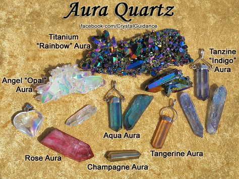 Aura Quartz is a man-enhanced crystal that is created by taking Clear Quartz and infusing it with vapors of various metals in a heat treated vacuum.  •Angel Aura = Platinum and Silver. •Aqua Aura = Gold. •Champagne Aura = Gold and Indium. •Rose Aura = Platinum. •Tangerine Aura = Gold and Iron Oxide. •Tanzine Aura = Gold, Indium, and Niobium. •Titanium Aura = Titanium Rose Aura, Rainbow Aura Quartz, Crystal Power, Rainbow Aura, Crystal Grids, Aqua Aura, Crystal Therapy, Crystal Healing Stones, Crystal Magic