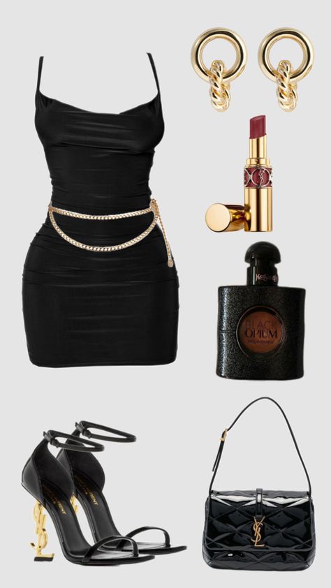 #outfit#fit#fitinspo #inspo#rich#classy#chic#black#gold#party#blackdress Gold Outfits For Women Party, Restaurant Dress Outfit, Outfits For Night Out Club, Party Outfit Night Club Classy, Boujee Aesthetic Outfits, Staple Outfit Pieces, Party Outfit Night Club Baddie, Club Outfits Classy, Scandalous Outfits