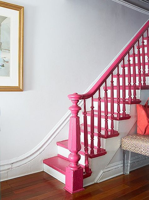 Interior Design Breaks All The Rules in this Brownstone Raspberry Cottage, Brownstone Homes, Painted Staircases, Handrail Design, Brooklyn Brownstone, Stair Case, Painted Stairs, Wooden Stairs, House Stairs