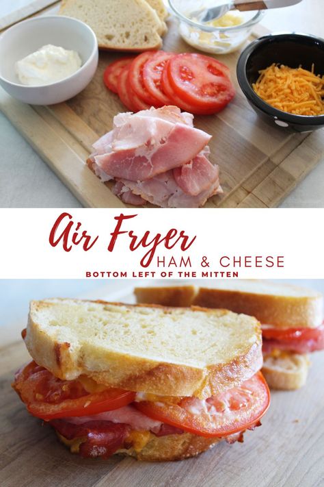 This air fryer ham and cheese sandwich has layers of toasted French bread, sliced ham and tomato, mayonnaise, and melted cheese. #airfryer #sandwich #easylunchideas #airfryercooking Air Fryer Ham, Ham And Cheese Sandwiches, Grilled Cheese With Tomato, Tomatoes On Toast, Grilled Ham And Cheese, Homemade Croissants, French Bread Recipe, Pork Sandwiches, Grilled Ham