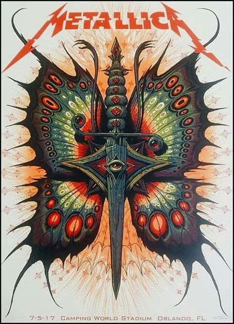 Rad sword + butterfly Metallica concert poster! #Art #Prints Jeff Soto, Metallica Tattoo, Arte Heavy Metal, Metallica Concert, Metallica Logo, Metallica Art, Rock Poster Art, Rock Band Posters, Heavy Metal Art