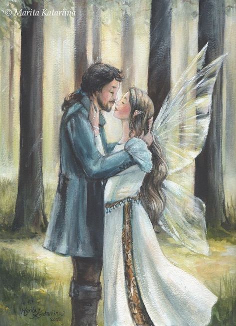 Marita Katariina - A Magic Moment in a Forest Glade. A fairy couple share a kiss in a clearing in the forest. Watercolour and acrylic white painting. Fantasy fairy art. Fantasy Fairy Art, Happy Birthday Fairy, Fairy Love, Kissing Drawing, Fantasy Fairies, Forest Glade, Male Fairy, Fantasy Couples, Wedding Painting