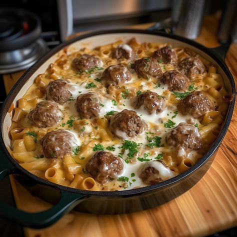 Freshly Baked Swedish Meatball Noodle Casserole Meatball Noodle Bake, Meatball Pasta Casserole, Baked Swedish Meatballs, Meatball Pasta Bake, Bacon Pasta Recipes, Noodle Bake, Meatball Casserole, Bacon Pasta, Noodle Casserole