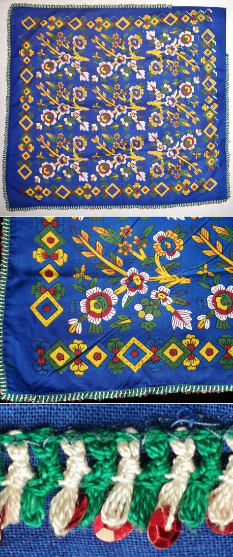 Woman’s ‘oyalı yazma’ (edged headscarf) from the Reşadiye district (eastern part of the Tokat province).  Rural style, ca. 1975.  The printed fabric is a Tokat (town) product, named ‘içi dolu yazma’ (headscarf with filled inner field); the edging is homemade (in some villages of Reşadiye) and combines a cotton ‘oya’ (Turkish lace) with mica sequins.  (Inv.n° yaz102 - Kavak Collection,Antwerpen/Belgium). Turkish Motifs, Turkish Lace, Hand Block Printing, Sea Coast, Motif Design, Black Sea, Mark Making, Printed Fabric, Holiday Travel