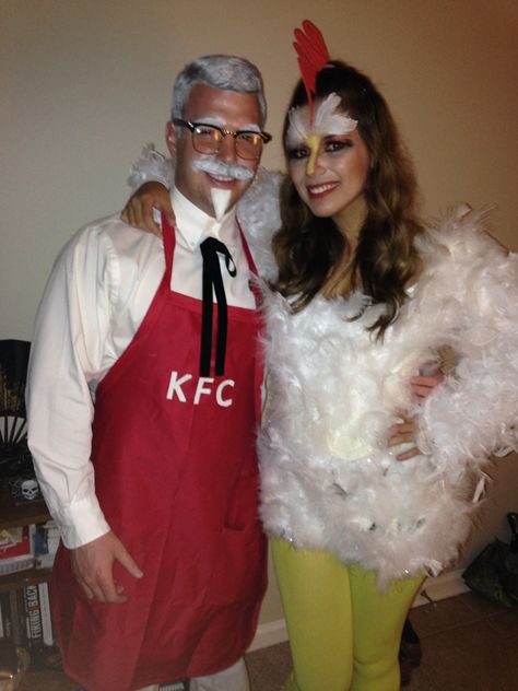 Colonel Sanders and his chicken KFC -home made couple costume !! So cute Kernal Sanders Kfc Costume, Kfc And Chicken Costume, Chicken Costume Makeup, Chicken Makeup Halloween, Colonel Sanders And Chicken Costume, Kfc Couples Costume, Chicken Costume Women's, Kfc Halloween Costume, Makeup Chicken