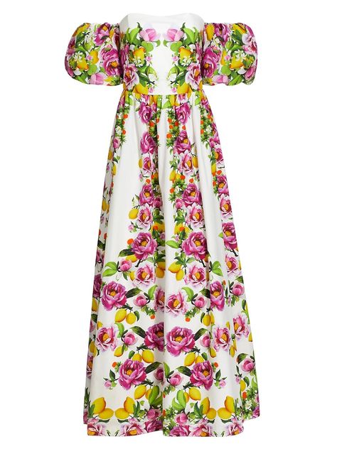 Borgo De Nor, Lemon Print, White Maxi Dresses, Guest Dresses, Designer Outfits Woman, A Line Skirt, Sale Design, Sweetheart Neckline, Puff Sleeves