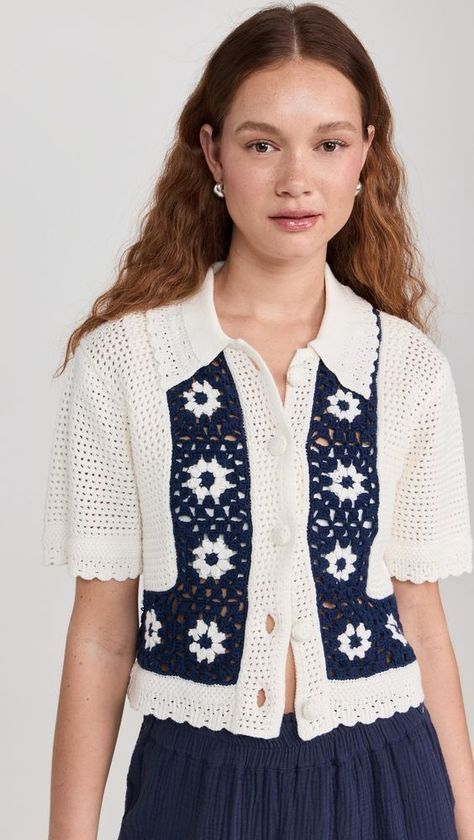 Fast Free Shipping & Free Returns on RAILS Milan Top at Shopbop. Shop new arrivals from RAILS at Shopbop.com Crochet Summer Tops Free Patterns, Crochet Daisies, Ladies Tops Patterns, Navy Crochet, Rails Clothing, Crochet Daisy, Crochet Summer Tops, Breezy Dress, Ladies Tops