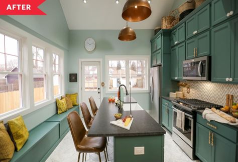 Dated and Cramped Kitchen Renovation on HGTV's Good Bones | Apartment Therapy Good Bones Hgtv, Cramped Kitchen, Dated Kitchen, Bench Seating Kitchen, Herringbone Backsplash, Green Cabinets, Kitchen Benches, Good Bones, Stunning Kitchens