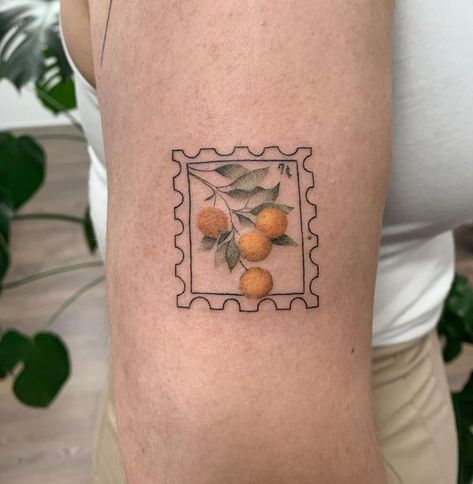 Tattoos Of Oranges, Orange Post Stamp Tattoo, Orange Postage Stamp Tattoo, Italy Themed Tattoos, Orange Stamp Tattoo, Italy Stamp Tattoo, Mandarin Tattoo, Orange Tattoo Black And White, Orange Tattoo Fruit