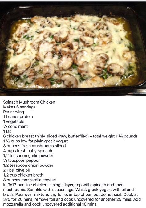 Lean and Green - Spinach Mushroom Chicken Spinach Mushroom Chicken, Fancy Pants Chicken, Medifast Recipes, Lean Protein Meals, Mushroom Spinach, Spinach Mushroom, Lean And Green, Lean Meals, Lean And Green Meals